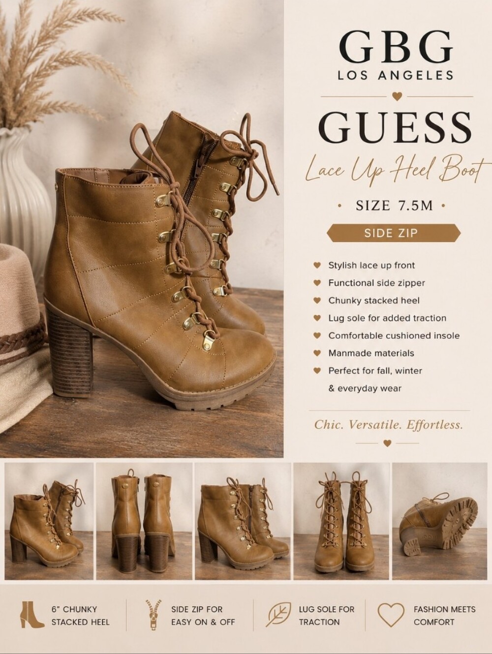 GBG GUESS 7.5M High Side Zip Lace Up Heel Boot